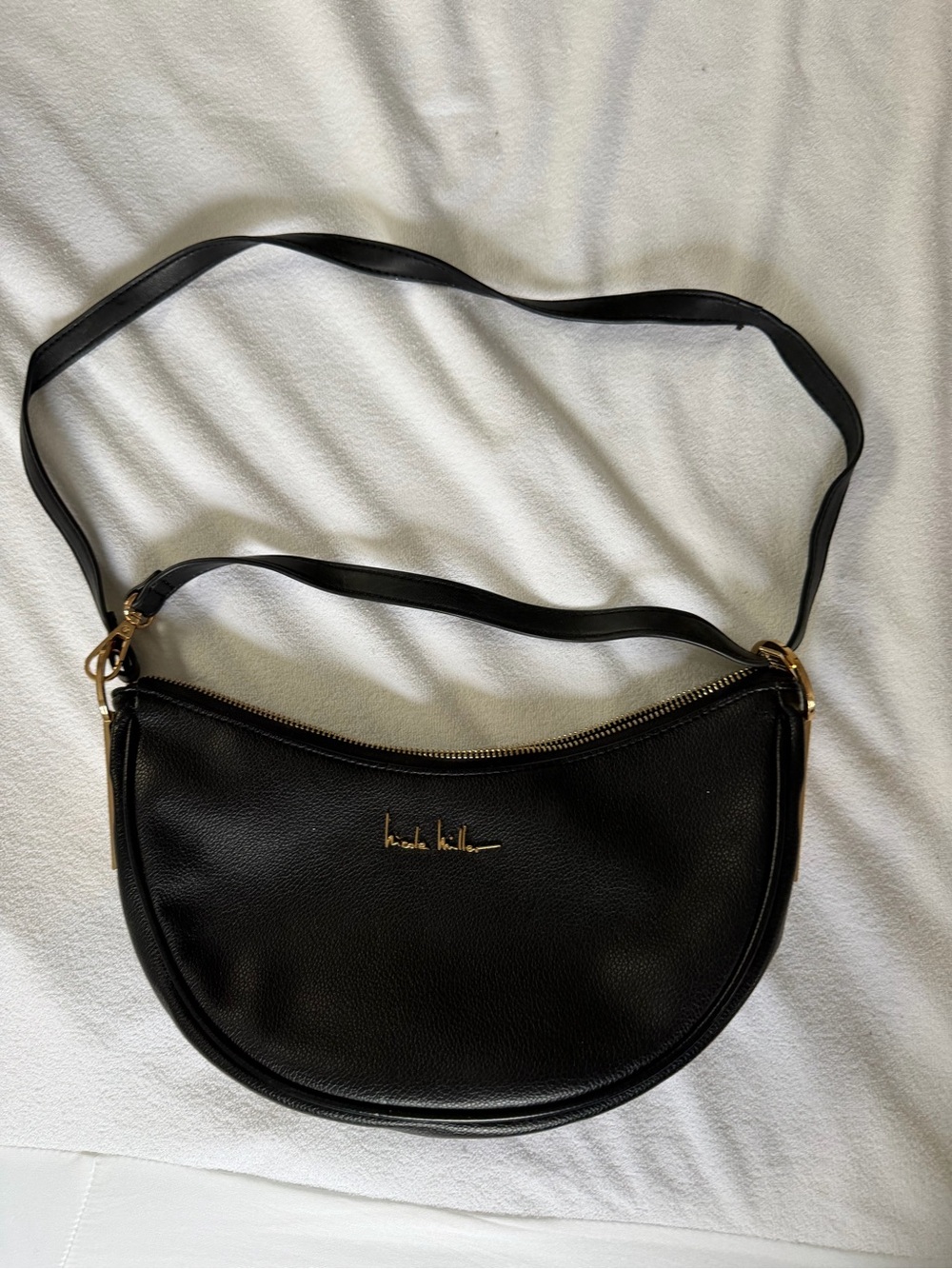 Black Leather Half-Moon Shoulder Bag with Gold Hardware